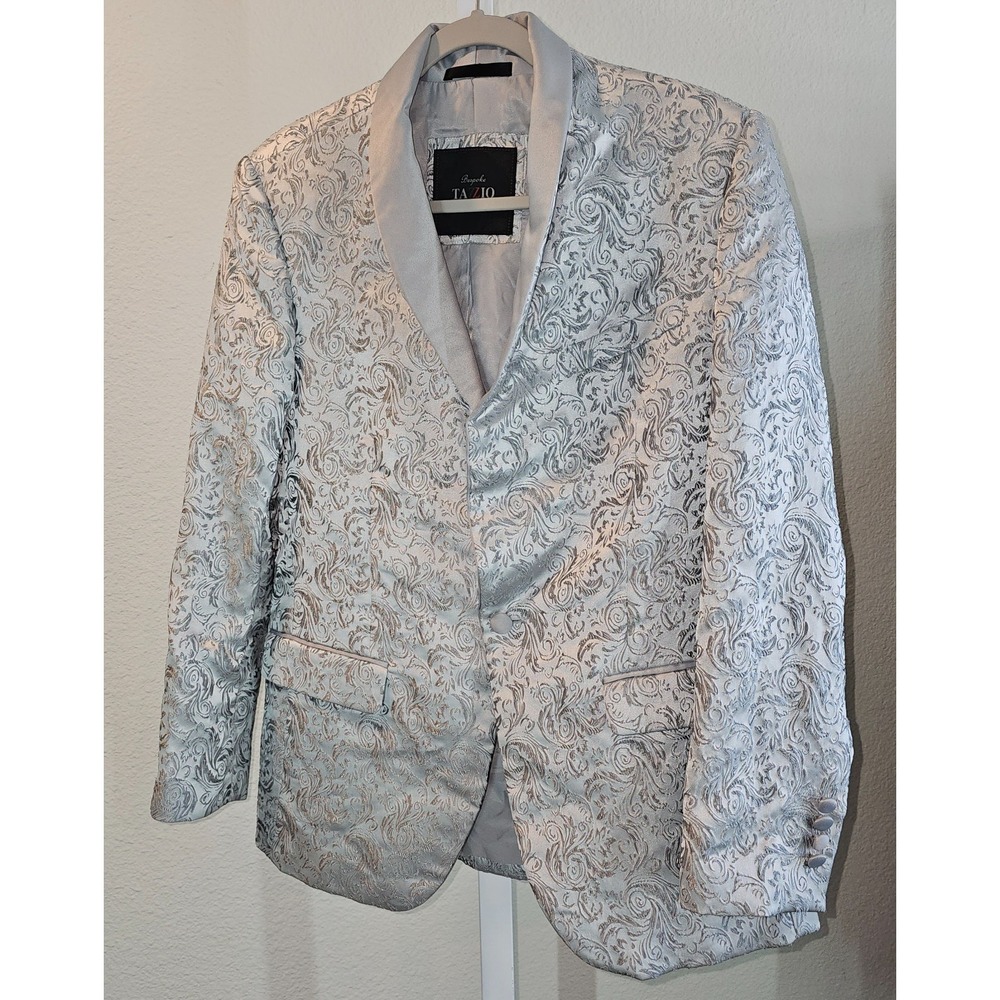 Bespoke Tazzio Small Slim Fit Brocade Shimmer Blazer Sport Coat Silver EUC